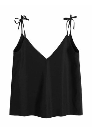 Czarny top typu camisole bez rękawów z dekoltem w serek i regulowanymi wiązanymi ramiączkami na ramionach.