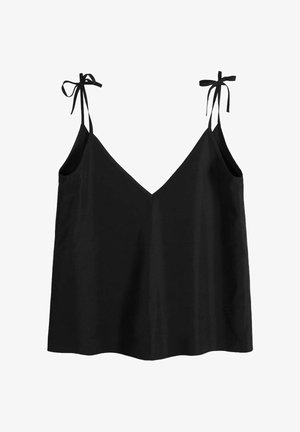 Czarny top typu camisole bez rękawów z dekoltem w serek i regulowanymi wiązanymi ramiączkami na ramionach.