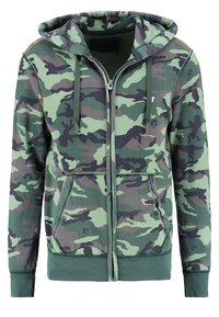 Sudadera con cremallera de camuflaje en tonos verdes con capucha ajustable. Cuenta con dos bolsillos frontales y puños de canalé. Confeccionada en una tela suave.
