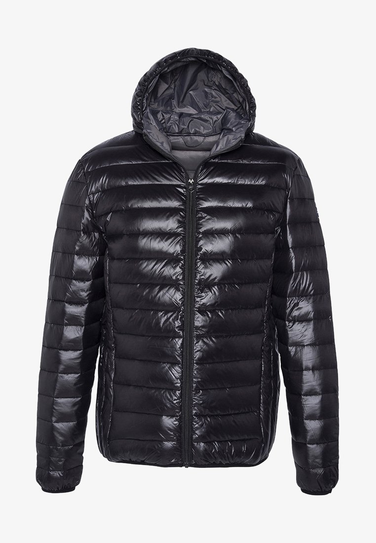 Shiny black puffer jacket with a hood, featuring a zip front and horizontal quilted sections, displayed against a plain background.