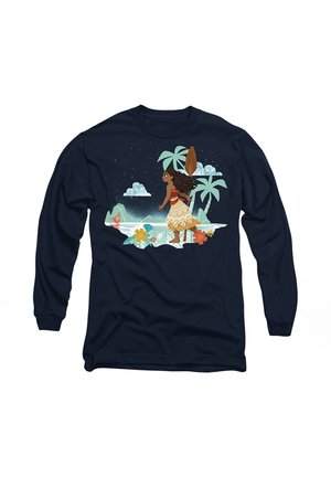 Navy long-sleeve shirt featuring a graphic of a figure in a grass skirt, holding a paddle, with tropical elements and mountains in the background.