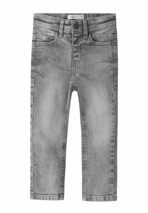 Jean en denim gris pour tout-petits avec poches avant, fermeture à boutons, passants pour ceinture et détails délavés.