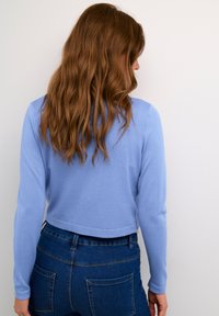Ljusblå kortad tröja med långa ärmar, texturerat stickat tyg, bärs med mörkblå högmidjade jeans. Bakvy, hår som faller ner.