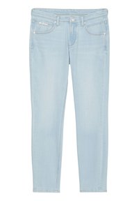 Světlé modré džíny s úzkým střihem, pět kapsami, kovovým zapínáním na knoflík a jemnými efekty vyblednutí na přední straně.