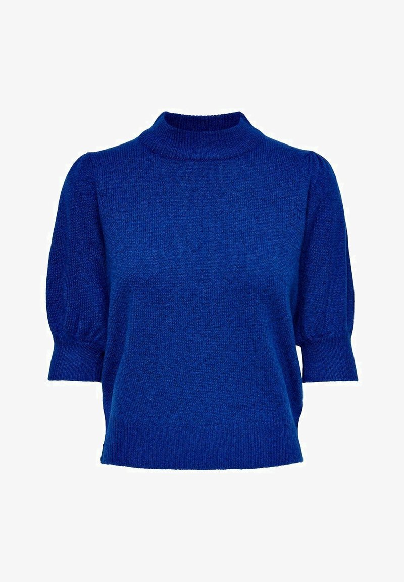 Pull bleu en maille à manches courtes avec un col montant en côte et des manches bouffantes se terminant par des poignets en côte.