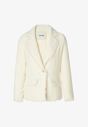 Hvid struktureret blazer med frynser, enkeltknaplukning og to frontlommer. Lavet af et blødt, vævet stof.