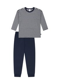 Gestreiftes Langarmshirt in Grau und Marineblau mit Rundhalsausschnitt; dazu passende marineblaue Hose mit elastischem Bund und schmalen Knöcheln.