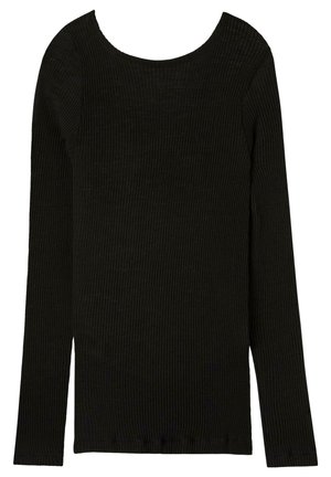 Zwarte longsleeve top gemaakt van ribbelstof. Heeft een ronde halslijn en een getailleerde silhouette. Geen zichtbare patronen of accenten.