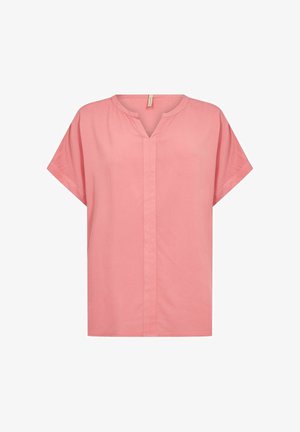 Lyserød bluse med korte ærmer, V-udskæring og en lodret sømdetalje ned foran, vist på en hvid baggrund.