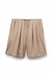 Bermudas beige de lino con cintura elástica, cordón y bolsillos laterales, que cuentan con un ajuste relajado y una textura suave y agradable.