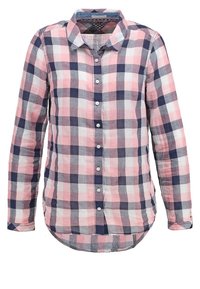 Langærmet skjorte med knapper i et ternet mønster i pink, marineblå og hvid samt en klassisk krave.