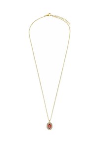 Gouden ketting met een ronde hanger waarin een centrale rode edelsteen is omgeven door heldere accenten, aan een delicate ketting.