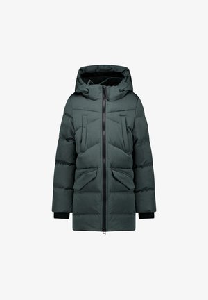 Veste d'hiver matelassée vert foncé avec capuche, fermeture éclair frontale et multiples poches zippées et à rabat, vue de face sur fond blanc.