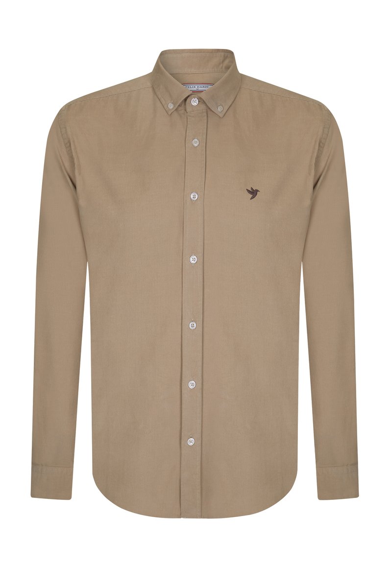 Langærmet skjorte med knapper i beige stof, som har en klassisk krave, hvide knapper og et lille brunt logo på brystet.