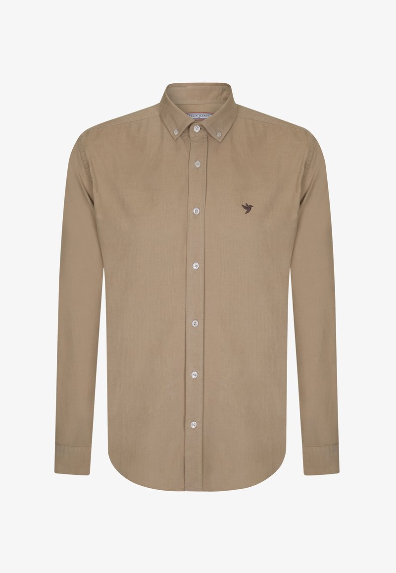 Langærmet skjorte med knapper i beige stof, som har en klassisk krave, hvide knapper og et lille brunt logo på brystet.