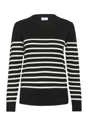 Juoda ir balta dryžuota megztinis su apvalia iškirpte, ilgomis rankovėmis ir ribotu kraštu. Minkšta, megzta medžiaga su kaitaliojančiomis plačiomis juostomis.