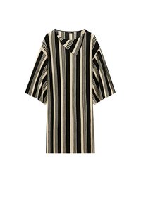 Short-sleeved dress with vertical black and beige stripes, wide sleeves, and an asymmetrical neckline detail.