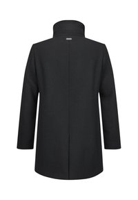 Schwarzer Wollmantel mit hohem Kragen, langen Ärmeln und geradem Schnitt. Minimalistisches Design ohne sichtbare Knöpfe oder Taschen.