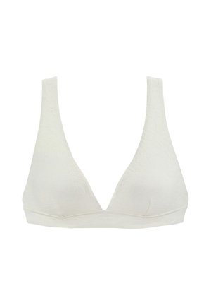 White lace bralette with wide straps and deep V neckline, featuring floral patterns and a soft elastic band under the bust.