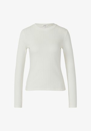 Haut blanc à manches longues en maille côtelée avec un col rond. Confectionné dans un matériau doux, avec une silhouette ajustée et une texture subtile. Design minimaliste.