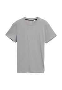 Camiseta gris de manga corta, hecha de una tela suave, con un clásico escote redondo y dobladillo recto, sin patrones ni adornos.
