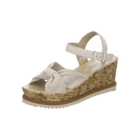 Beige Keilsandale mit Korkssohlenplattform, weichem, geknotetem vorderem Riemen und Knöchelriemen mit goldener Schnallenschließe.