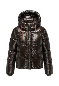 Brun puffjacka med glänsande yta, stor huva, orange dragsko, sidofickor och kviltat mönster.