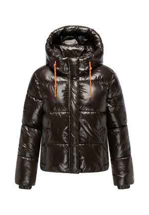 Giacca puffer marrone con finitura lucida, grande cappuccio, cordini arancioni, tasche laterali e design trapuntato.
