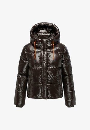 Braune Pufferjacke mit glänzender Oberfläche, großer Kapuze, orangefarbenen Kordelzügen, seitlichen Taschen und einem gesteppten Design.