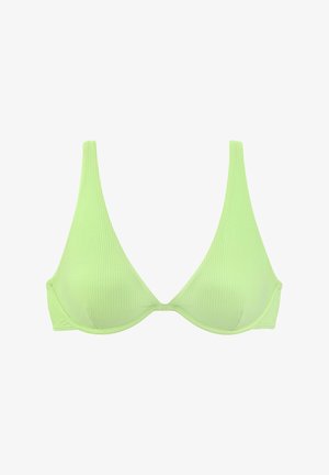Neon-grüner, gerippter Bikini-Oberteil mit dreieckigen Cups, breiten Trägern und einer glatten Textur.