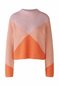 Gebreide trui met een ronde halslijn, geribbelde textuur en een kleurblokontwerp in roze, perzik en oranje tinten met geometrische patronen.