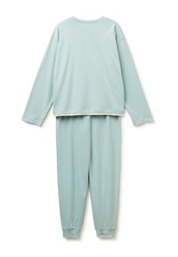 Top de manga larga y pantalones jogger a juego en un verde menta claro, mostrados de forma plana con los puños de los pantalones y el dobladillo de la camisa visibles.