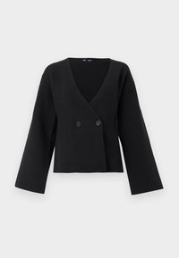 Black cropped jacket made of soft fabric, featuring a deep V-neck, long sleeves, and two front buttons for closure.