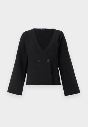 Black cropped jacket made of soft fabric, featuring a deep V-neck, long sleeves, and two front buttons for closure.
