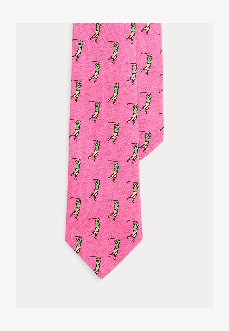 Ροζ γραβάτα με μοτίβο από επαναλαμβανόμενες μικρές εικόνες ενός γκόλφερ σε μέση κίνηση, που φοράει πράσινο πουκάμισο και μπεζ παντελόνι.