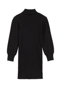 Vestito lungo a maglia nera a righe, con maniche lunghe, collo alto e spalle leggermente a sbuffo, mostrato disteso su uno sfondo bianco.