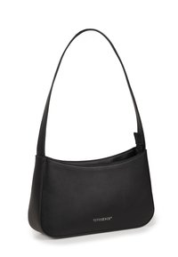 Borsa a tracolla rettangolare nera con tracolla sottile, cerniera in cima e piccolo logo argentato "VIVISENCE" al centro davanti.