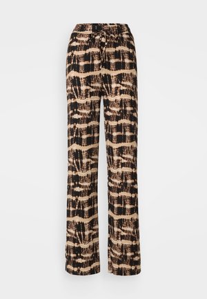 Vide benedresser med lette stoffer som har et sort og beige abstrakt mønster. Justerbar snor i livet, afslappet pasform.