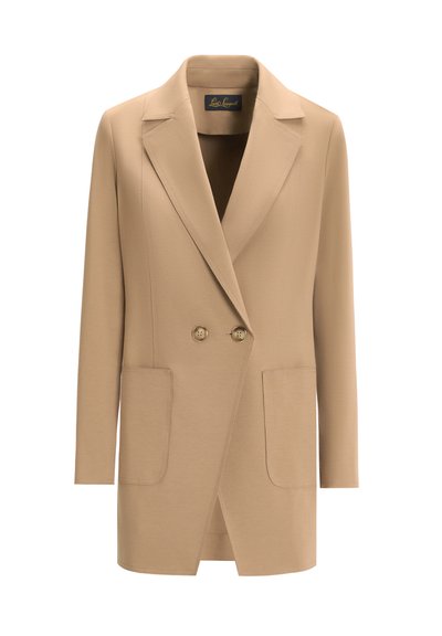 Beige blazer jacket with a double-breasted front, padded shoulders, and two large patch pockets. Smooth fabric with a tailored fit.