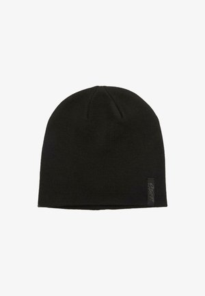 Black knitted beanie hat with a snug fit, featuring a ribbed texture and a small black label on the side. Simple, versatile design.
