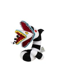 Un jouet en peluche en forme de serpent présente des rayures noires et blanches, une bouche ouverte rouge vif avec des dents jaunes et une petite langue rayée.