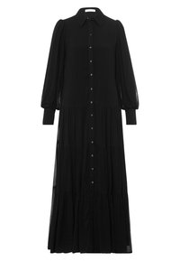 Robe maxi noire à manches longues avec boutonnière devant, jupe à volants, manches bouffantes, poignets ajustés et col classique.