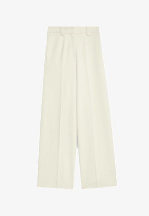 Pantaloni a gamba larga in tessuto bianco sporco, caratterizzati da una texture liscia, pieghe frontali e una linea diritta dalla vita all'orlo.