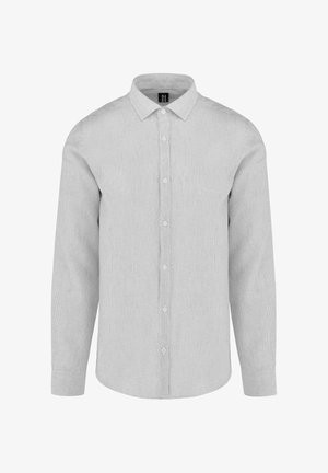 Męska koszula wizytowa z długim rękawem w jasnoszarym kolorze, z subtelnymi pionowymi paskami, zapięciem na guziki z przodu i klasycznym kołnierzem.