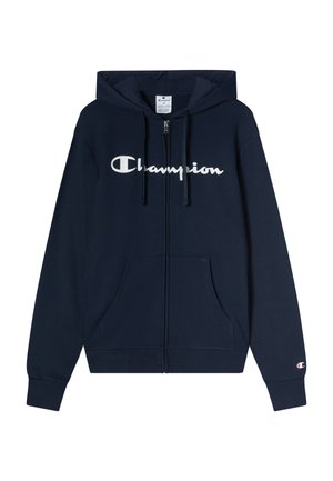 Granatowa bluza z kapturem zapinana na zamek, z dużym białym logo "Champion" na piersi, dwoma przednimi kieszeniami i kapturem ze sznurkiem. Miękki materiał i ściągacze przy rękawach.