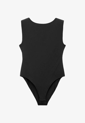 Čierny jednodielny plavky s hladkým povrchom, bez rukávov, s vysokými rozparkami na nohách a minimálnymi švami.