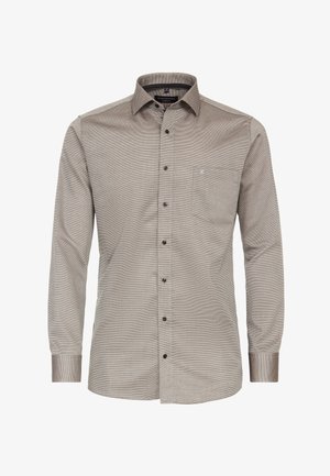 Langarm-Hemd in Hellbraun mit subtilen Mustern, ausgestattet mit einer Brusttasche und schwarzen Knöpfen an der Vorderseite sowie an den Manschetten.