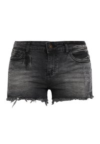 Black denim shorts featuring a distressed design, frayed hem, and five-pocket styling with a button closure at the waist.