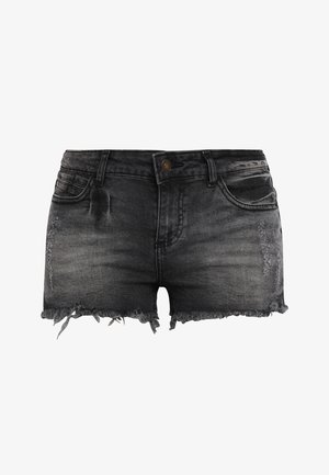 Shorts in denim nero con design invecchiato, orlo sfilacciato e cinque tasche, chiusura con bottone in vita.