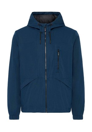 Navy blue jacket with a hood, front zipper, elastic cuffs, and two zippered pockets. Features a minimalist design with textured fabric.